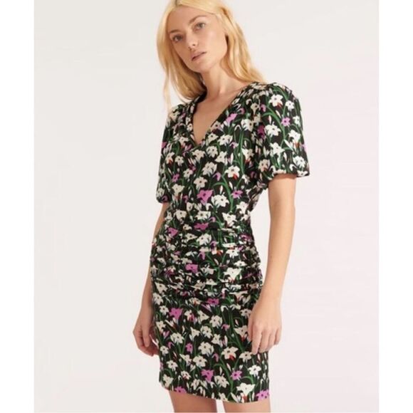 Veronica Beard Janis Ruched Puff Sleeve Floral A-Line Mini Dress Black Size 8 - Picture 1 of 9
